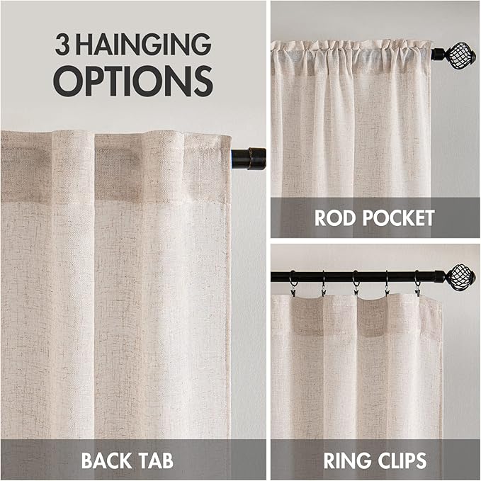 MIULEE Natural White Linen Curtains 60 Inch Length 2 Panels for Bedroom Living Room, Soft Thick Linen Textured Window Drapes Semi Sheer Light Filtering Back Tab Rod Pocket Burlap Look Decor