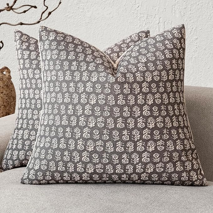 Foindtower Set of 2 Decorative Vintage Floral Print Throw Pillow Covers Neutral Modern Farmhouse Cushion Covers Boho Home Decor for Sofa Couch Chair Bedroom Living Room,24×24 Inch,Rustic Gray