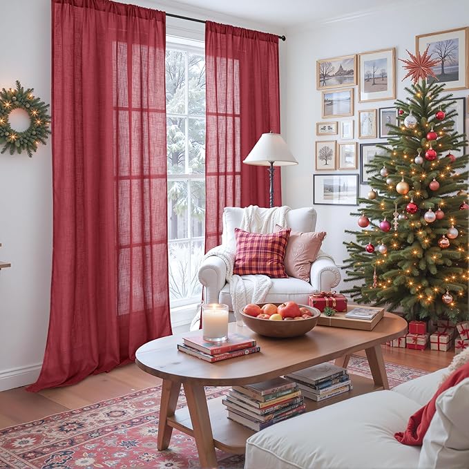BGment 96 Inches Long Linen Curtains for Living Room, Semi Sheer Burgundy Window Drapes Textured for Bedroom Dining Light Filtering with Rod Pocket Lightweight, 2 Panels, Each 52 Inch Wide