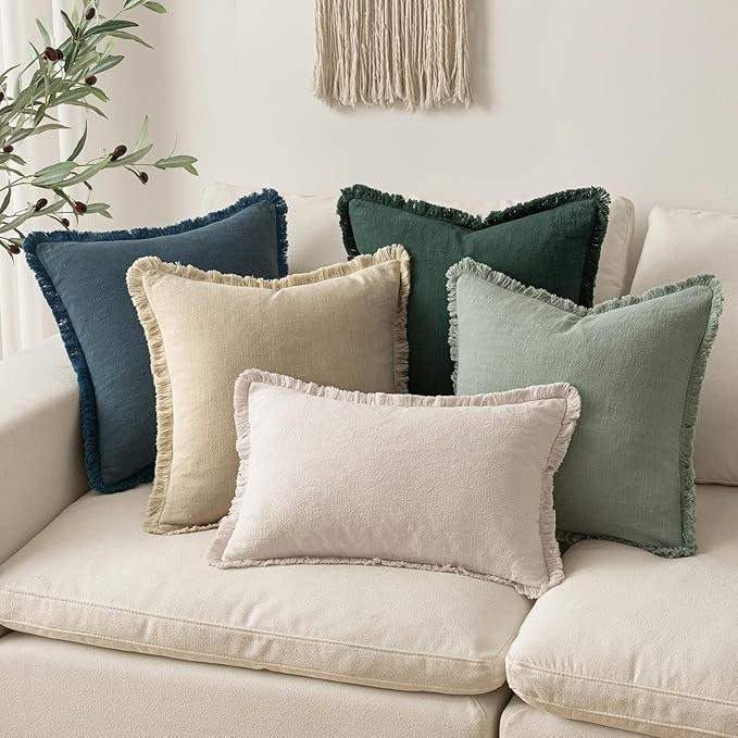 MIULEE Decorative Throw Pillow Covers Neutral Linen Fringe Throw Pillows Euro Shams Set of 2 Navy Blue Boho Farmhouse Cushion Covers for Couch Sofa Bed Living Room Spring Home Decor 26x26 Inch