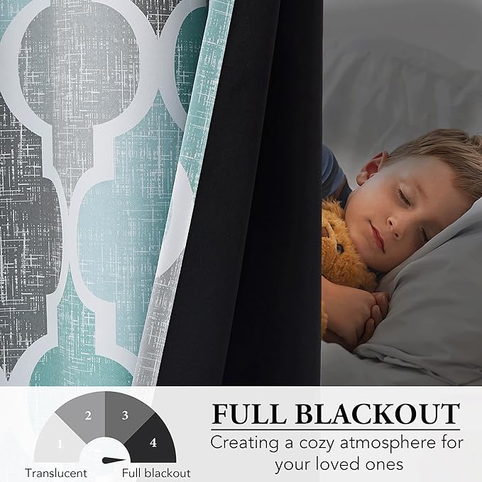 Beauoop 100% Blackout Curtains 84 Inches Long for Patio Sliding Door Aqua Grey Extra Wide Moroccan Geo Room Darkening Thermal Soundproof Room Divider Grommet Window Treatment Drapes,100x84 Set of 1