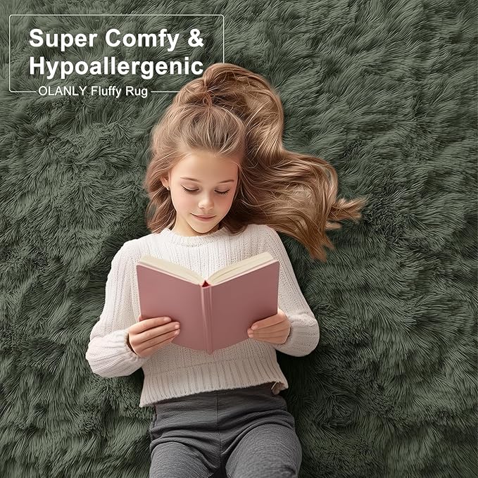 OLANLY Area Rugs for Living Room Bedroom, Machine Washable 4x5.9 ft Soft Fluffy Shaggy Bedside Rug, Indoor Floor Carpet for Kids Girls and Boys, Dorms, Nursery Rooms, Home Decor Aesthetic, Olive Green