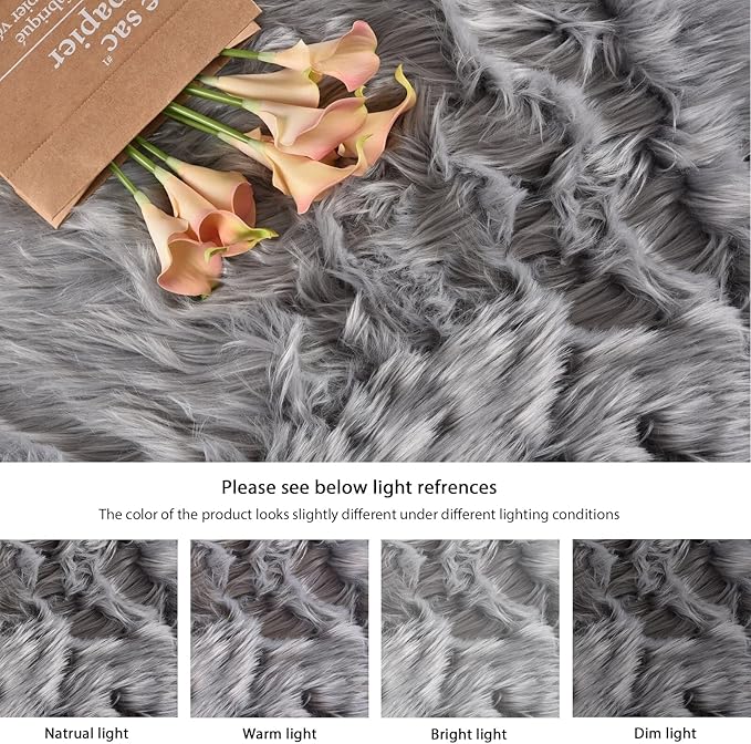 ORINOVA Silver Grey Shag Faux Sheepskin Fuzzy Fur Rugs for Bedroom Circle Plush Washable Furry Fur Area Rugs for Living Room Nursery 4ft X 4ft Rug