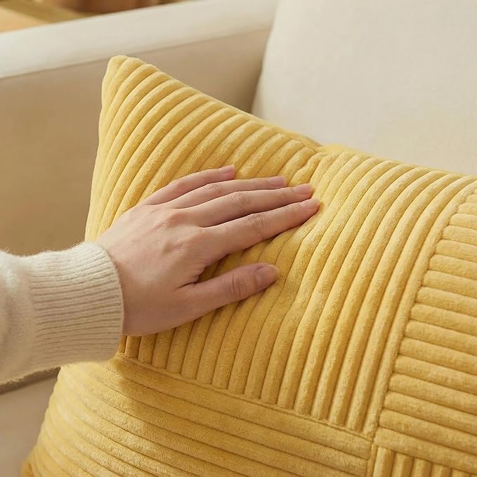 Fancy Homi 2 Packs Yellow Lumbar Decorative Throw Pillow Covers 12x20 Inch for Living Room Couch Bed Sofa, Farmhouse Boho Home Decor, Soft Striped Corduroy Rectangle Accent Cushion Case 30x50 cm
