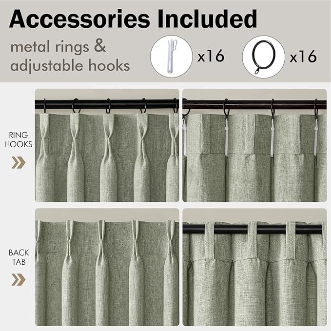 MIULEE Pinch Pleated Thick Linen Curtains 96 Inches Long 2 Panels for Living Room Bedroom, Memory Trained Pleat Drapes Light Filtering Sage Green Semi Sheer Window Curtains Hooks Rings Back Tab