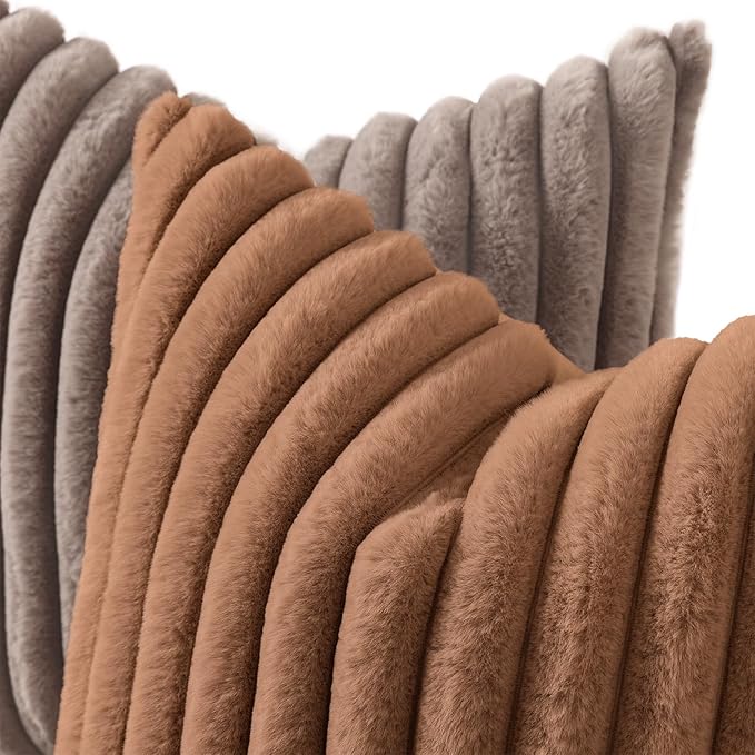 decorUhome Cozy Faux Fur Throw Pillow Covers 16x16 Set of 2 Decorative Soft Plush Striped Modern Farmhouse Boho Couch Pillow Cases with Velvet Back for Sofa Bed Living Room, Brown