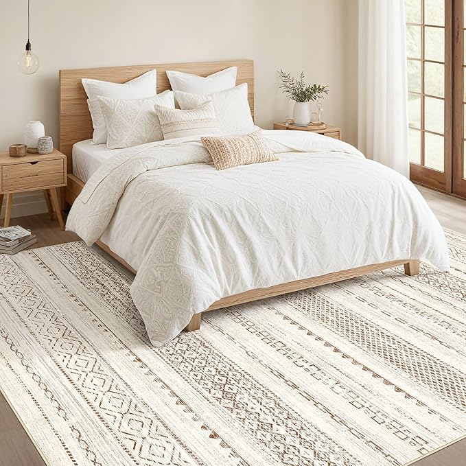 Nakagishi 7x9 Area Rug Living Room: Washable Boho Large Neutral Modern Soft Farmhouse Rugs Stain Resistant Indoor Floor Non-Slip Carpet for Bedroom Nursery Kids Playroom Office Dining Room- Brown