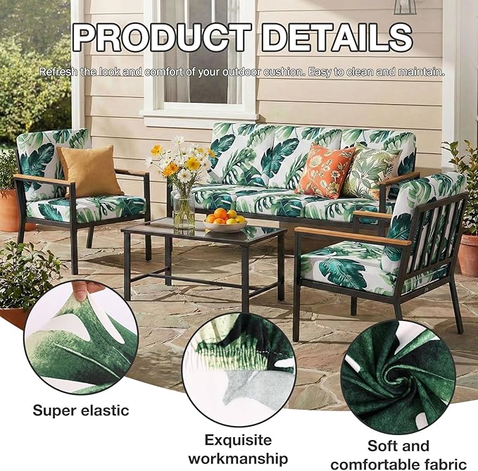 hyha 14Pcs Patio Cushion Covers, Stretch Outdoor Couch Cushion Covers, Washable Outdoor Chair/Sofa Slipcovers for Patio Furniture Cushions Protector with Elastic Bottom(Monstera Deliciosa,Cover Only)