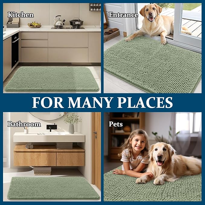 OLANLY Dog Door Mat for Muddy Paws 40x32, Absorbs Moisture and Dirt, Absorbent Non-Slip Washable Doormat, Quick Dry Chenille Mud Mat for Dogs, Entry Indoor Entryway Carpet for Inside Floor, Sage Green