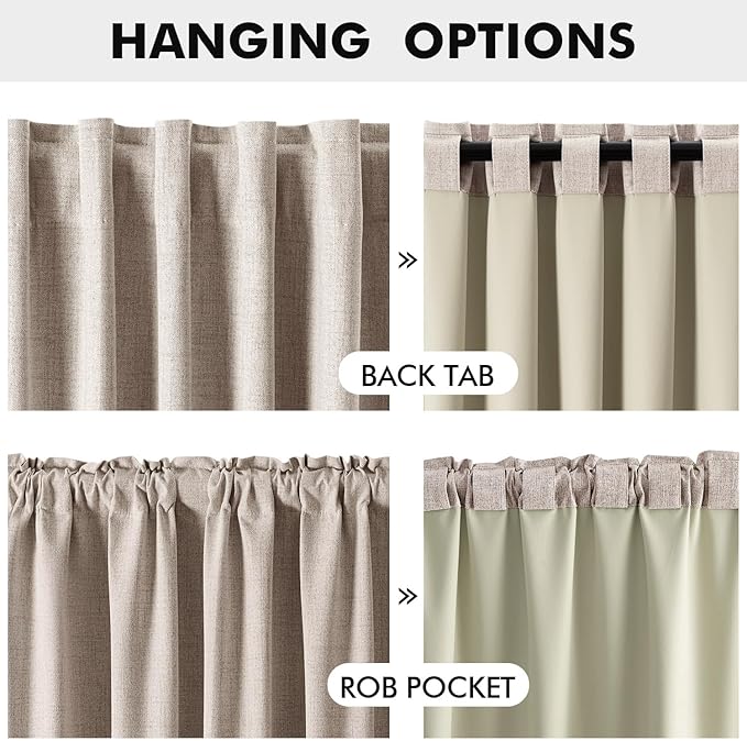 MIULEE 100% Blackout Linen Curtains for Bedroom, Khaki Solid Luxury Decor Thermal Insulation Room Darkening Drapes for Living Room Nursery Back Tab Rod Pocket 42 x 90 Inches, 2 Panels