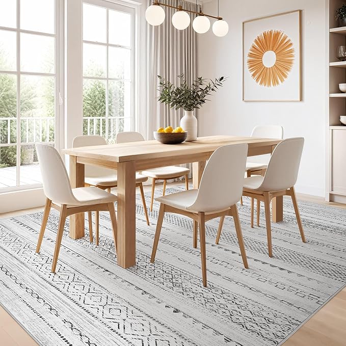 Nakagishi Area Rug Living Room Rugs: 5x7 Machine Washable Boho Large Neutral Farmhouse Stain Resistant Moroccan Indoor Floor Carpet for Bedroom Nursery Dorm Classroom Playroom Dining Room House- Grey