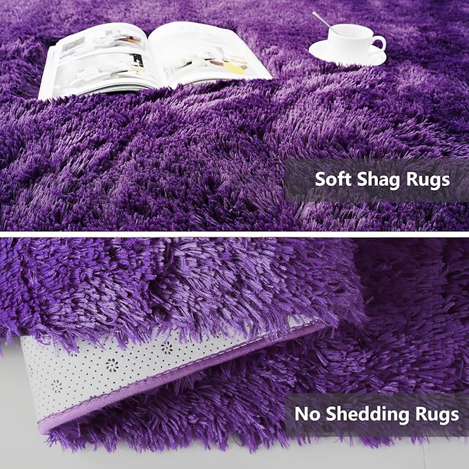 Shag Area Rugs for Bedroom Living Room,8X10 Ultra Soft Purple Fluffy Area Rugs for Dorm, Indoor Carpet Nursery Rugs for Kids Room Home Decor, Purple