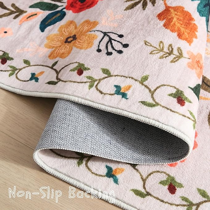 Rugcomf Living Room Rug 5x7 Rug Machine Washable Boho Area Rug Non Slip Floral Vintage Low Pile Large Rugs for Living Room, Bedroom, Farmhouse, Dining Room, Kids Playroom(Beige)