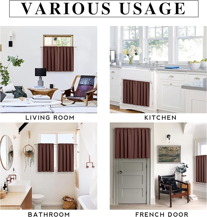 RYB HOME Short Blackout Curtains for Bedroom, Room Darkening Insulated Summer Heat Light UV Blocking Energy Saving Drapes for Nursery, Width 34 by Length 45, Chocolate Brown, Set of 2