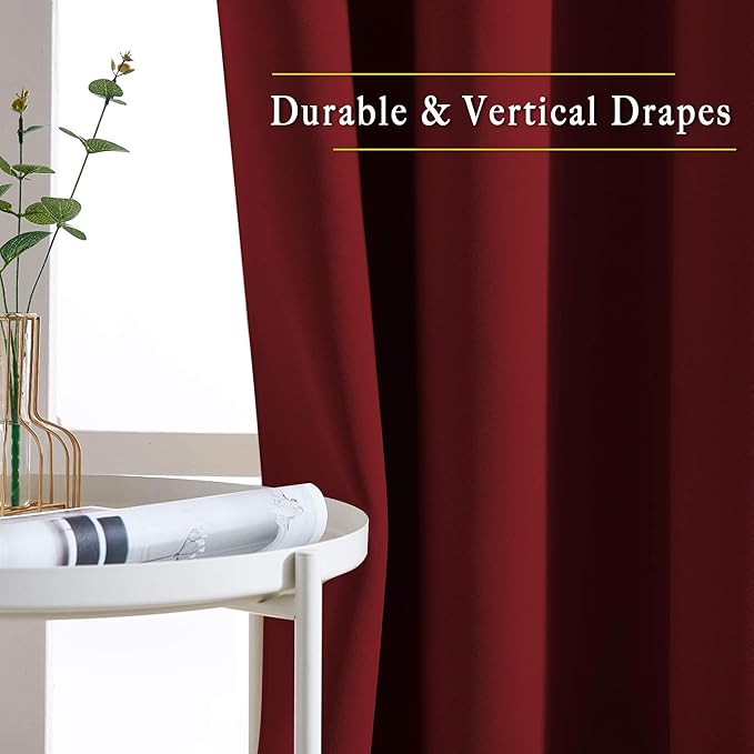 NICETOWN Bedroom Blackout Curtains Panels - Triple Weave Energy Saving Thermal Insulated Solid Grommet Blackout Draperies for Patio (80 inches by 108 Inch, Burgundy Red, Set of 2)