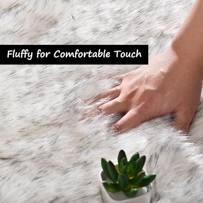 Goolela Sheepskin Area Rug 8x10 Fluffy Fuzzy Furry Carpet for Living Room Bedroom Faux Fur Plush Rectangle - White and Grey Tips
