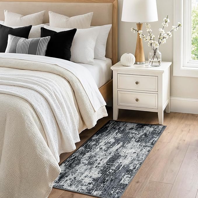 Washable Area Rugs 2'x5' Non-Slip Modern Abstract Soft for Living Room Entryway Bedroom Nursery, Print Pattern, Black Navy Blue Gray