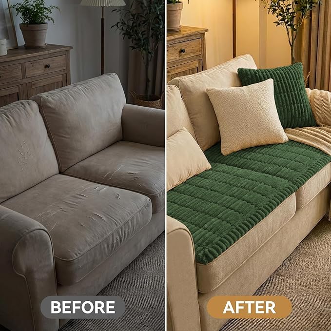 Smiry Couch Cover for Dogs Washable, Non Slip Fuzzy Pet Couch Covers for 3 Cushion Sofa Pet Friendly, Thick Soft Sofa Slipcovers Cushion Protector (Dark Green, 27.6" x 82.7")