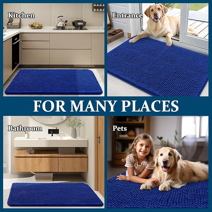 OLANLY Dog Door Mat for Muddy Paws 47x32, Absorbs Moisture and Dirt, Absorbent Non-Slip Washable Doormat, Quick Dry Chenille Mud Mat for Dogs, Entry Indoor Entryway Carpet for Inside Floor, Royal Blue