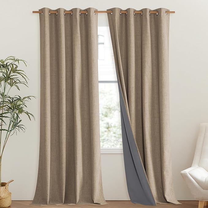 NICETOWN Burlap Vintage Open Linen Weave Flax Thermal Curtains, 100% Blackout Curtains 102" Long for Dining Room, Soundproof Window Treatment Drapes for Hall Room, 52" Wide Per Panel, Set of 2