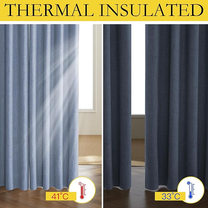 NICETOWN Stone Blue Vintage Linen 100% Blackout Curtains for Living Room, Thermal Insulated Curtains 63" Long, Noise Reducing Window Treatment Drapes for Hall Room, 52" Wide Per Panel, Set of 2