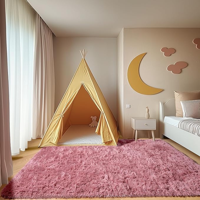 ONASAR Blush Area Rugs for Bedroom Living Room, Fluffy Fuzzy Shag Shaggy 4x6 Bedside Rug, Soft Plush Indoor Floor Carpet for Nursery Kids Girls Boys Teen Dorm Home Office Decor Aesthetic