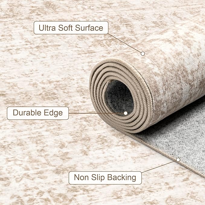 6x9 Area Rugs Living Room Rug: Washable Vintage Boho Rug No Slip Stain Resistant Soft Carpet Indoor Floor Floral Large Carpets for Bedroom Dining Room Farmhouse Nursery Home Office Beige