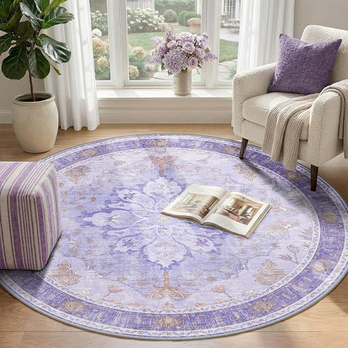 Area Rugs 4ft Washable Non-Slip, Floral Vintage Distress Print Pattern Medallion Carpet for Living Room Bedroom Dining Room, Light Purple Brown