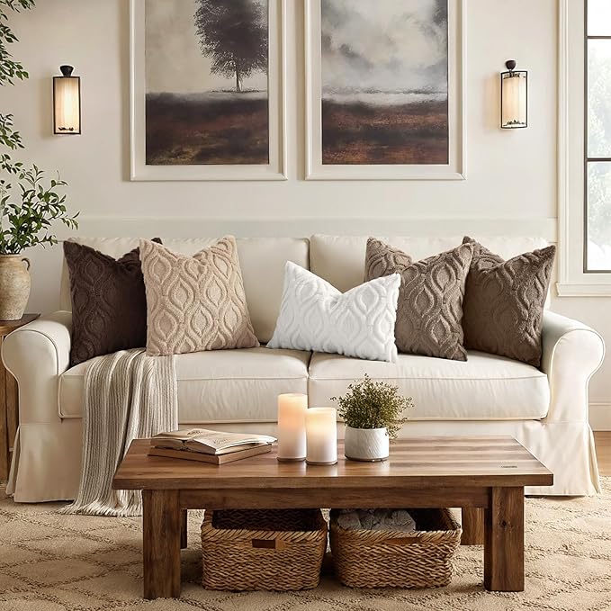 decorUhome Throw Pillow Covers 16x16 Inch Set of 2, Soft Plush Faux Wool Light Khaki Solid Couch Pillow Covers, Accent Farmhouse Neutral Square Pillow Cases for Sofa Bed Living Room