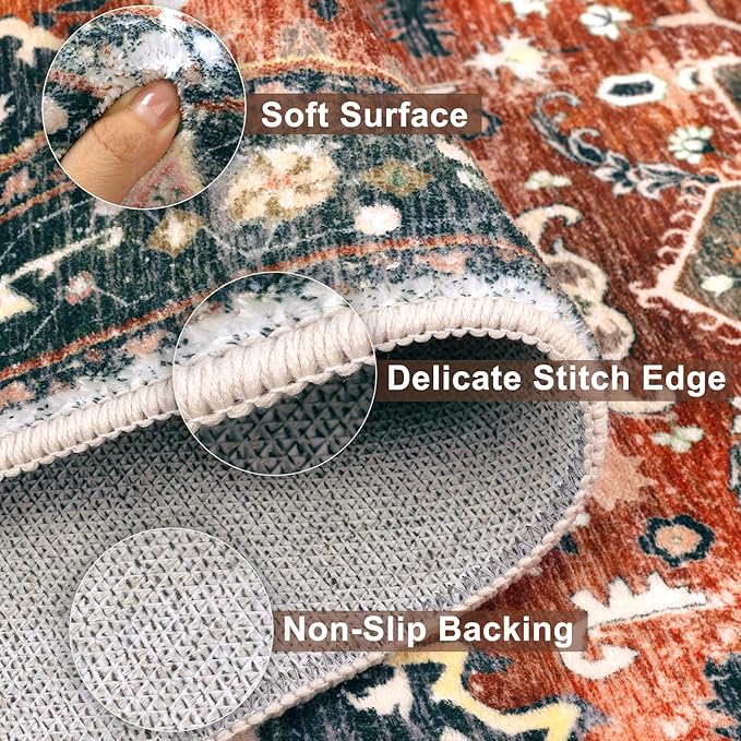 Yamaziot Washable Runner Rug, 2x6 Non-Slip Boho Vintage Hallway Rug Runner with Rubber Backing, Stain Resistant & Low Pile Faux Wool Distressed Carpet Runner for Kitchen, Laundry, Entrance