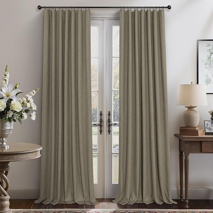 Taupe Blackout Curtains 90 Inches Long Thick Linen Patio Curtain for Sliding Glass Doors Neutral Cottagecore Home Decor Living Room Darkening Energy Saving Drape Window Coverings 52x90 Length 2 Panels