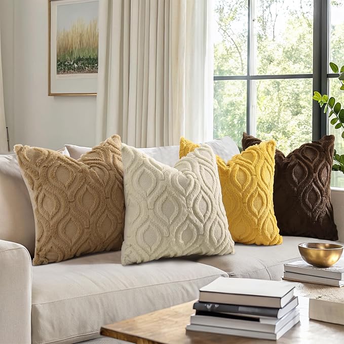 decorUhome Throw Pillow Covers 22x22 Inch Set of 2, Soft Plush Faux Wool Khaki Solid Couch Pillow Covers, Accent Euro Sham Farmhouse Neutral Square Pillow Cases for Sofa Bed Living Room