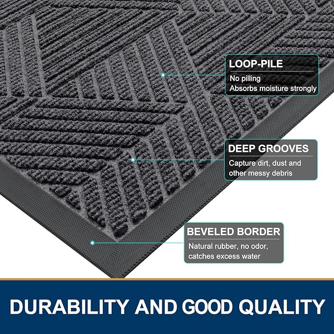 Smiry Front Door Mat Outside Entrance, Heavy Duty Sturdy Natural Rubber Doormat, Trap Dirt and Moisture, Easy Clean Low Profile Mats for Indoor Outdoor Entry, Irregular Triangle (47x32, Light Grey)