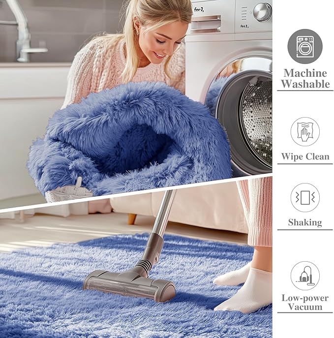 OLANLY 2x8 Machine Washable Runner Rugs for Hallway, Soft Fluffy Shaggy Bedside Rugs for Bedroom, Living Room, Indoor Floor Carpet for Kids Girls and Boys, Home Decor Aesthetic, Denim Blue