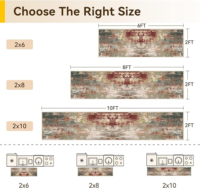 Washable Area Rugs 2'x10' Non-Slip Modern Abstract Soft for Living Room Entryway Bedroom Nursery, Print Pattern, Brown Rust Red Green Blue Multi