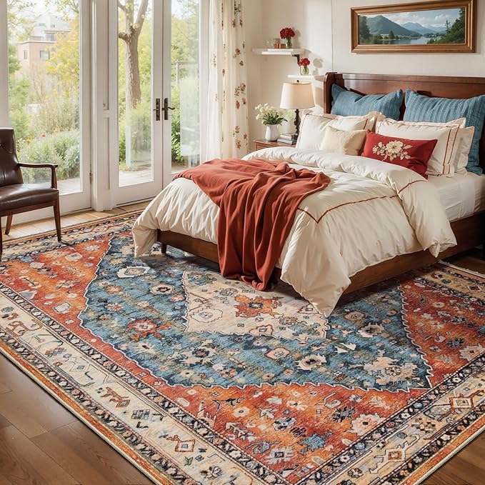 SERISSA 5x8 Area Rugs for Living Room, Large Washable Non-Slip Boho Rug, Ultra Soft Vintage Tribal Oriental Print Distressed Carpet for Bedroom Dining Room Dorm Office Home Decor