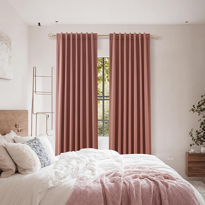 Dusty Rose 100% Blackout Linen Curtains 72 Inch Length 2 Panels Set for Girls Bedroom Back Tab Thermal Insulated Black Out Drapes Room Darkening Farmhouse Style for Bedroom Window Curtains 52x72