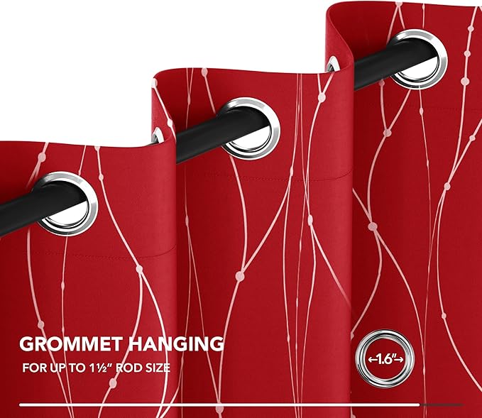 Deconovo Red Curtains, Christmas Drapes, Blackout Thermal Insulated Noise‑Reduced Drape, Wave Line Dot Foil Print, 52 x 63 Inch, 2 Panels, Machine‑Washable Window Curtain for Party Living Room Bedroom