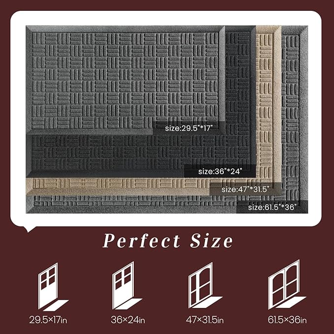 Mibao Front Door Mat Indoor Outdoor Entrance, Dirt Trapping Waterproof All-Season, All-Weather Doormat, Non-Slip Durable Natural Rubber Low Profile Easy Clean Patio Entrance Mat, 36" x 24", Grey