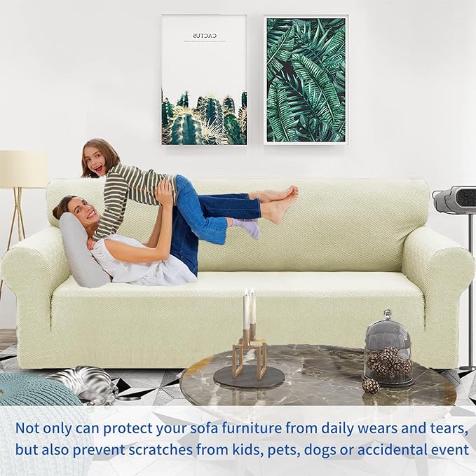 ZNSAYOTX 1 Piece Jacquard Couch Covers for 2 Cushion Couch High Stretch Loveseat Slipcover for Pets Dogs Anti Slip Love Seat Sofa Slipcover Furniture Protector (Medium,New Pattern Light Beige)