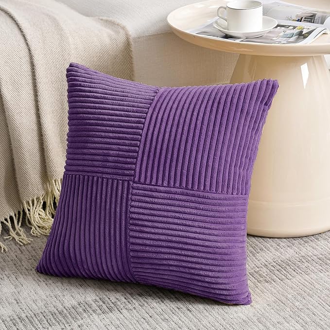 Fancy Homi 2 Packs Purple Samll Decorative Throw Pillow Covers 12x12 Inch with for Living Room Couch Sofa, Rustic Farmhouse Boho Home Decor, Soft Corss Patchwork Corduroy Square Cushion Case 30x30 cm