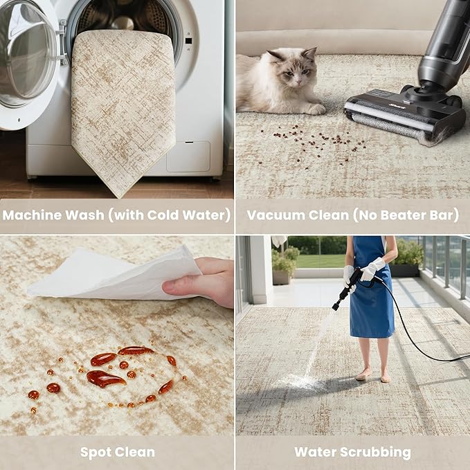 5x8 Area Rugs for Living Room Washable Rug: Anti-Skid Abstract Modern Living Room Rug Soft Thin Carpets Indoor Floor Non-Shedding Carpet for Bedroom Dining Farmhouse Nursery Beige White