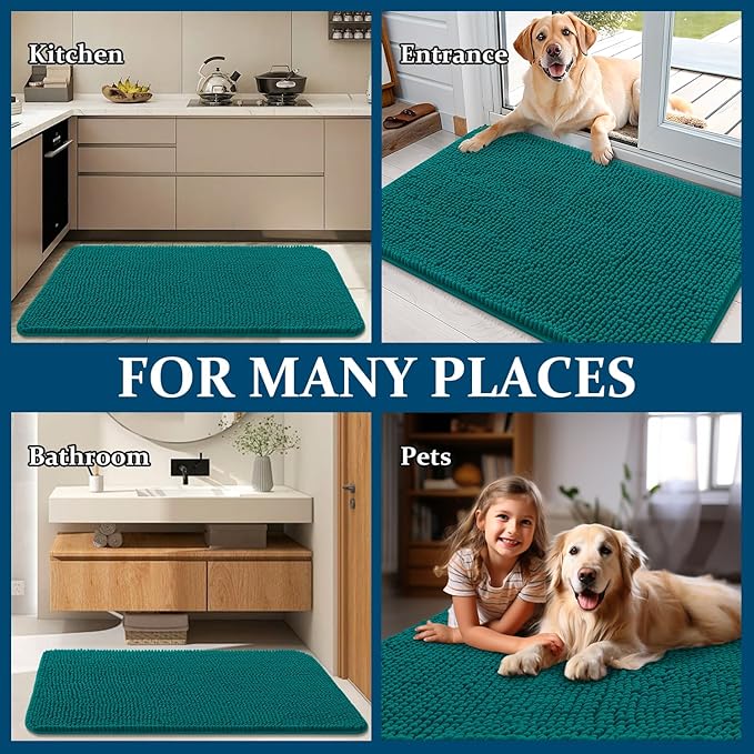 OLANLY Dog Door Mat for Muddy Paws 40x32, Absorbs Moisture and Dirt, Absorbent Non-Slip Washable Doormat, Quick Dry Chenille Mud Mat for Dogs, Entry Indoor Entryway Carpet for Inside Floor, Lake Blue