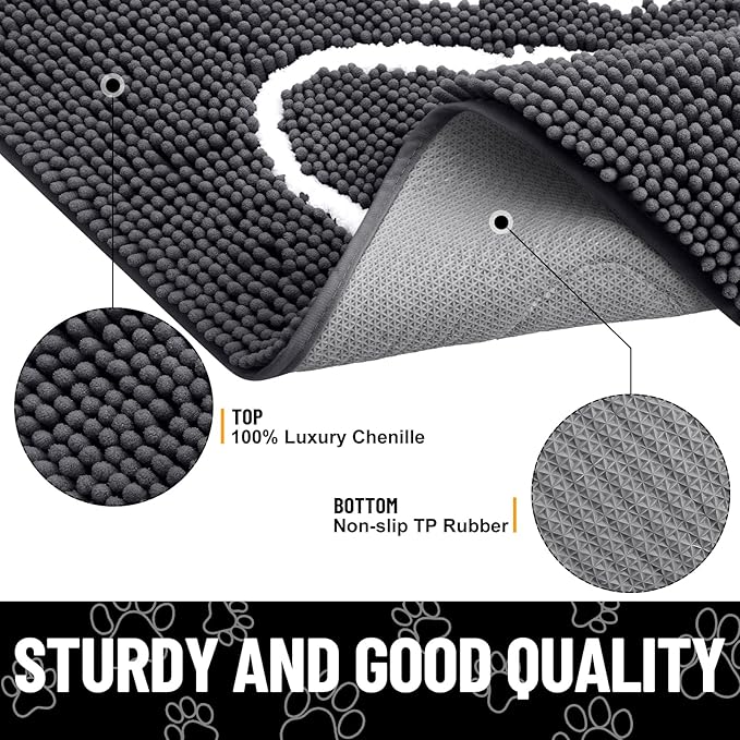 Smiry Dog Door Mat for Muddy Paws, Absorbent Dirt Trapper Non Slip Quick Dry Washable Chenille Mat for Mud Dogs, Entry Rug for Indoor and Outdoor (70x32 Inches, Dark Grey and White)