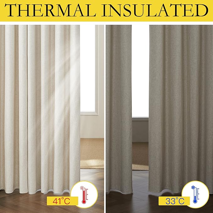 NICETOWN Natural Linen 100% Blackout Curtains 120 inches Length 2 Panels Set with Thermal Insulated Liners, 52" Width, Farmhouse Style Extra Long Window Draperies for Patio Sliding Glass Door
