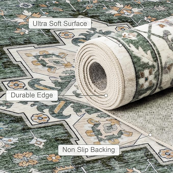 Area Rugs 10x14 Living Room Rug: Washable Rug Soft Vintage Boho Medallion Carpet Indoor Non-Slip Stain Resistant Large Carpets for Bedroom Dining Room Farmhouse Nursery Home Office Green Ivory
