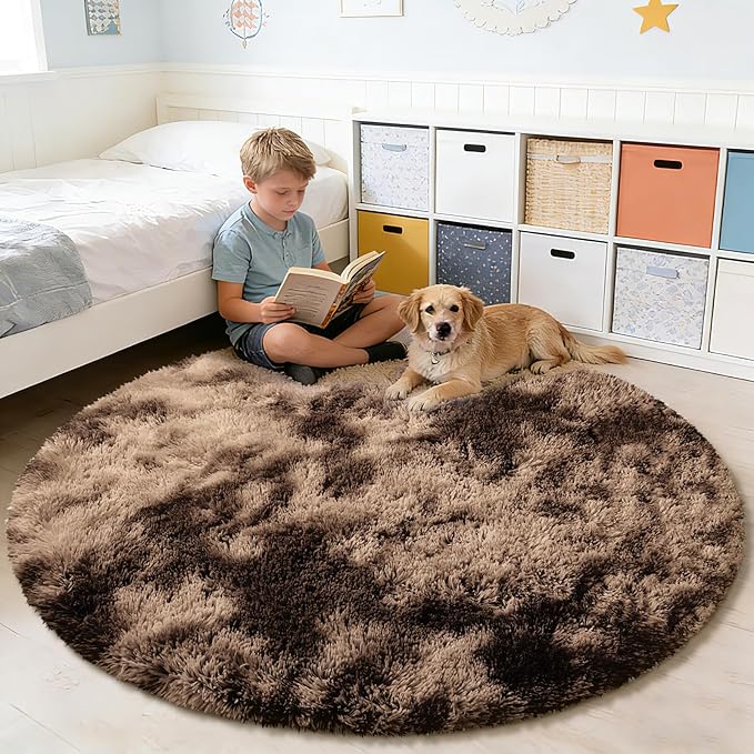 Fluffy Round Rug,Soft Area Rugs for Girls Room,Shaggy Rugs 6'X6' for Living Room,Non Slip Circle Rug for Kids Bedroom,Shag Plush Nursery Carpets,Fuzzy Rug for Dorm,Room Decor Carpet,Tie-Dyed Coffee