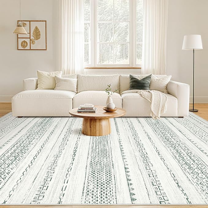 Nakagishi Green Rug Living Room Rugs: 9x12 Washable Boho Large Neutral Soft Farmhouse Stain Resistant Modern Non Slip Indoor Floor Carpet for Bedroom Nursery Kids Playroom Office Dining Room Home