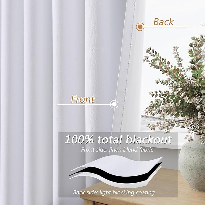 Guken White 100% Blackout Linen Curtains 52 Inch Wide by 130 Inch for Living Room Bedroom Back Tab/Rod Pocket Thermal Insulated Black Out Linen 2 Drapes Room Darkening Window Curtains,52x130