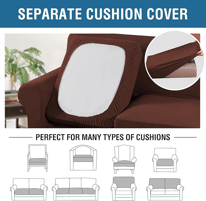 H.VERSAILTEX 3 Piece Stretch Sofa Covers for 2 Cushion Sofa Couch Covers for Living Room Sofa (Base Cover Plus 2 Seat Cushion Covers) Thicker Jacquard Fabric (Large Sofa, Burnt Brick)